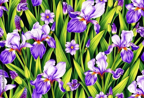 Delicate lilac irises and green leaves form a seamless floral pattern Hand-drawn vector illustration, square repeat,  hand-drawn,  texture