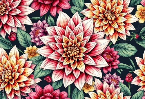 Hand-drawn dahlia seamless floral pattern, intricate details, vibrant colors, blossom, spring