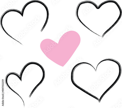 Five hand drawn hearts with one pink heart in the center