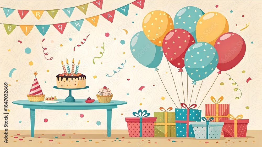 Obraz premium Vibrant birthday celebration with cake and balloons