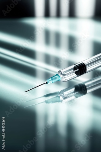 Syringe Resting on Reflective Surface in Medical Environment
