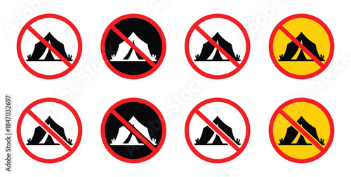 A set of universal prohibition signs indicating that camping is not allowed in a specific area. No Camping Sign Icon with Tent Symbol for Outdoor Regulations, Safety Awareness.