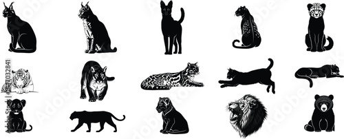 Collage of 13 black cat silhouettes in various poses and breeds