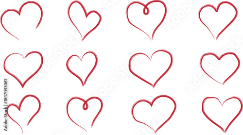 Twelve red hand drawn heart outlines on white background