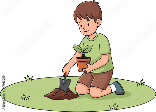 Cartoon child planting tree on grass with trowel, gardening activity promoting nature care, sustainability, and environmental awareness for kids