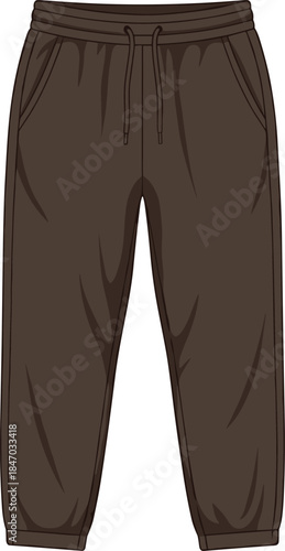 Jogger sweatpants, dark brown color, elastic waistband, drawstring, side pockets, casual loungewear, athletic fashion, flat vector illustration