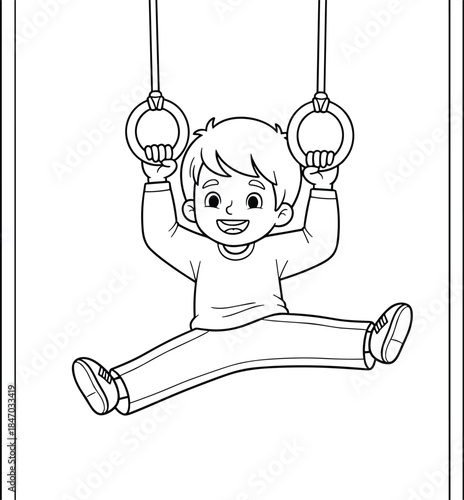Cartoon child, gymnastics rings, athletic pose, smiling kid, split position, sports illustration, playful exercise, indoor activity, strength, flexibility, joy