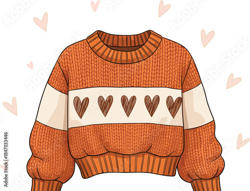 Knitted sweater, orange and cream stripe, heart design, ribbed cuffs and hem, cozy fashion, flat vector illustration
