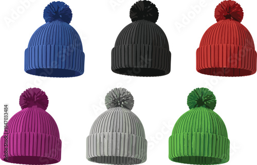 Knitted winter hats set, colorful pom-poms, ribbed texture, folded brim styles, cozy headwear, seasonal fashion, flat vector illustration