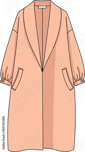 Peach overcoat, wide lapel collar, gathered cuffs, slanted pockets, minimalist tailored design, stylish outerwear, flat vector illustration