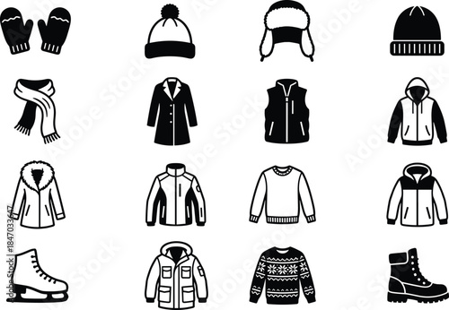 Winter clothing icons, black and white grid, coats, hats, sweaters, boots, accessories, fashion design set, flat vector illustration