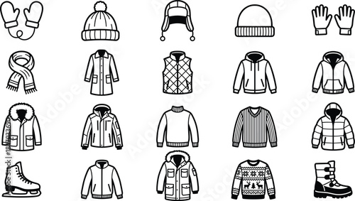 Winter clothing icons, black and white grid, coats, hats, sweaters, boots, accessories, fashion sketch set, flat vector illustration