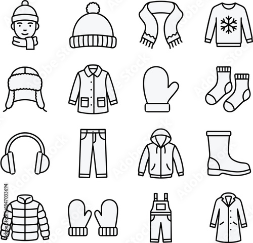 Winter clothing icons, black and white grid, hats, coats, mittens, boots, seasonal fashion set, flat vector illustration