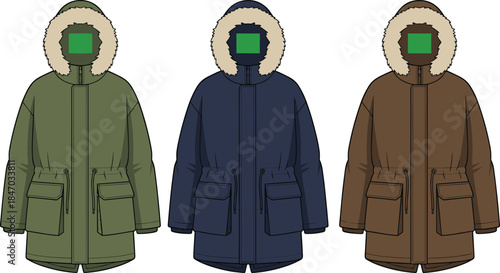 Winter parkas comparison, fur-lined hoods, zipper front, flap pockets, olive green, navy blue, brown, flat vector illustration