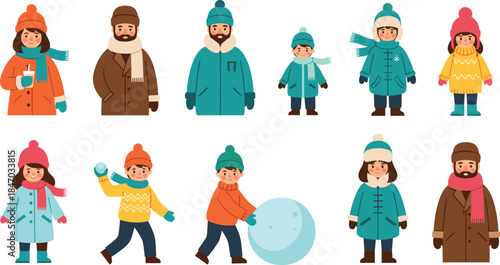 Winter people illustration, cartoon style, colorful clothing, seasonal activities, cozy fashion accessories, snow fun, flat vector illustration