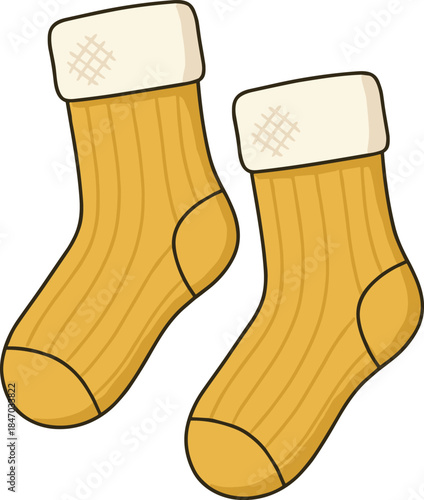Yellow socks, white cuffs, ribbed texture, reinforced toe and heel, cozy fashion accessory, flat vector illustration