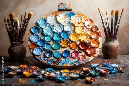 Refined Artistic Shot with Detailed Brushes and Vibrant Oil Paints on Palette