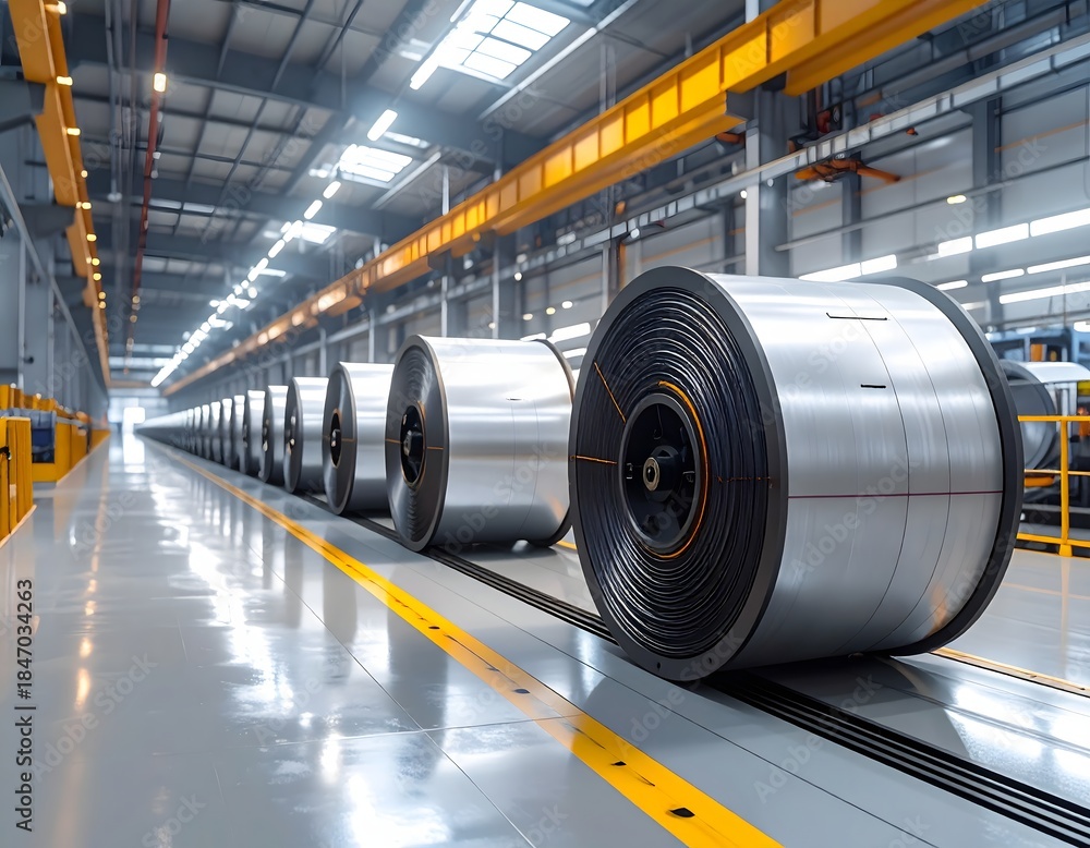 Fototapeta premium Automated Vehicles Transporting Wire Spools in a Polished Factory