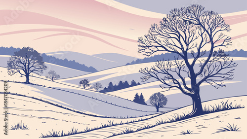A serene winter landscape with bare trees adorning the snow-covered rolling hills under a gentle sky