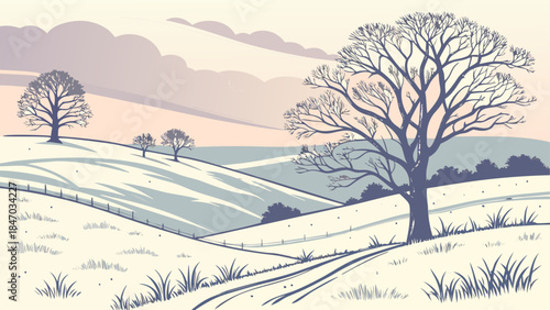 A serene winter landscape illustration featuring rolling snow-covered hills and bare trees