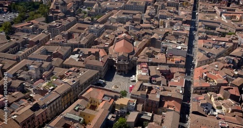 Aerial view of the Bellini Theater, located in the historic center of Catania, Sicily, Italy. It is the city's most important and oldest theater. The facade overlooks the square of the same name.