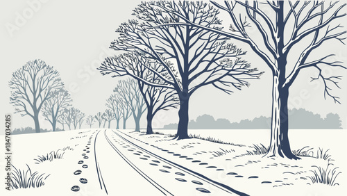 Winter path lined with bare trees and footprints in fresh snow stretching into the distance
