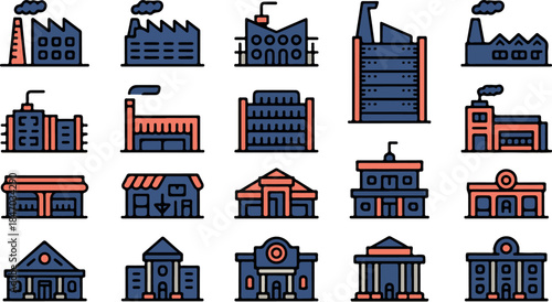 Colorful government and public building icons set representing civic architecture in flat style