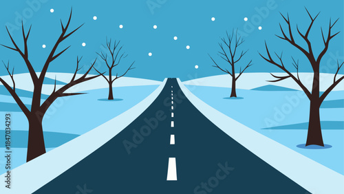 A serene winter road illustration with falling snow and bare trees in a tranquil landscape