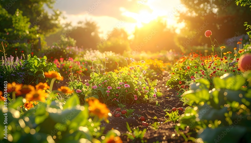 Obraz premium Bountiful Garden Bursting with Flowers and Vegetables in Sunlight