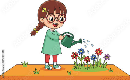Cartoon illustration of happy girl watering colorful flowers in garden, kids activity, nature care, gardening, outdoor fun, environmental learning, vector art