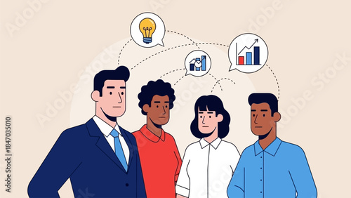Business Leadership Concept. Vector illustration of a diverse office team discussing ideas, finance, and growth strategy. Teamwork, innovation, and project planning concept.