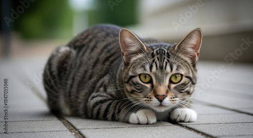 Fototapeta Naklejka Na Ścianę i Meble -  Young tabby cat crouching on grey paving stones outdoors with attentive look and big eyes