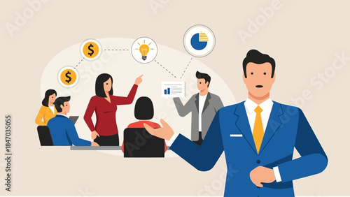 Business Leadership Concept. Vector illustration of a diverse office team discussing ideas, finance, and growth strategy. Teamwork, innovation, and project planning concept.