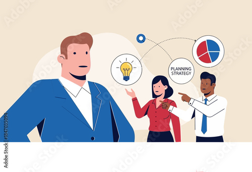 fully editable Business Leadership Concept. Vector illustration of a diverse office team discussing ideas, finance, and growth strategy. Teamwork, innovation, and project planning concept.