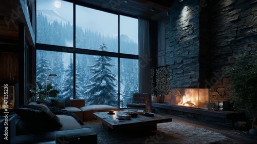 Cozy winter evening in a mountain cabin with a view of snow-covered trees and a warm fireplace