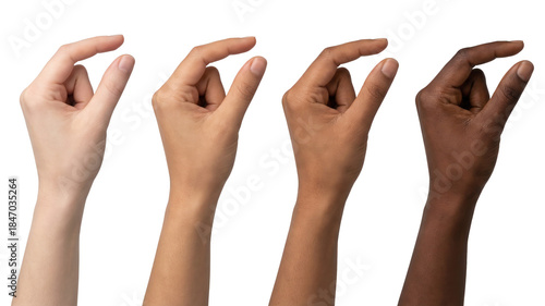 Diverse hands pinching. Various skin tones holding invisible object on white.