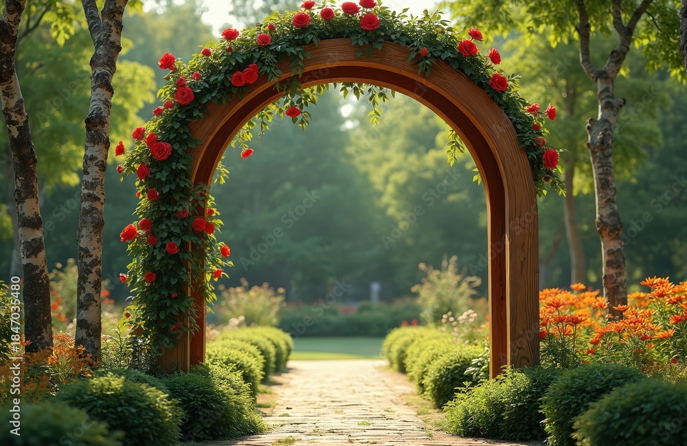 Obraz premium Wooden garden arch with red roses frames a path through lush green shrubs and orange lilies. Birch trees flank the walkway leading into a verdant park.
