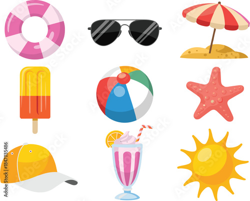 Summer beach vacation icons set with sun umbrella sunglasses ice cream ball drinks starfish cap