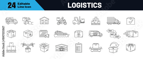 Logistics line icon set. Containing shipping, delivery, distribution, cargo, freight and transportation. Editable stroke icons. Vector illustration.