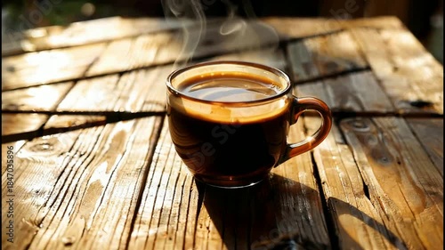 Wallpaper Mural cup of coffee on wooden table Torontodigital.ca