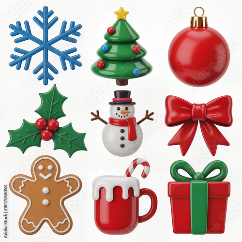 Wallpaper Mural "Collection of Cute Flat Christmas Icons — Holiday Vector-Style Illustrations Featuring Tree, Snowman, Ornaments and Festive Treats" Torontodigital.ca