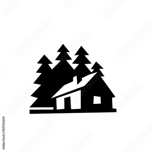Cozy A-frame style cabin nestled amongst tall pine trees. A simple, charming silhouette representing a getaway, vacation, and the peaceful beauty of nature.