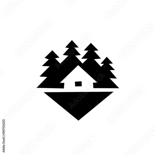 Geometric logo design featuring a rustic cabin nestled in a forest of tall pine trees, set within a diamond shape. Ideal for outdoor living and nature resort branding.