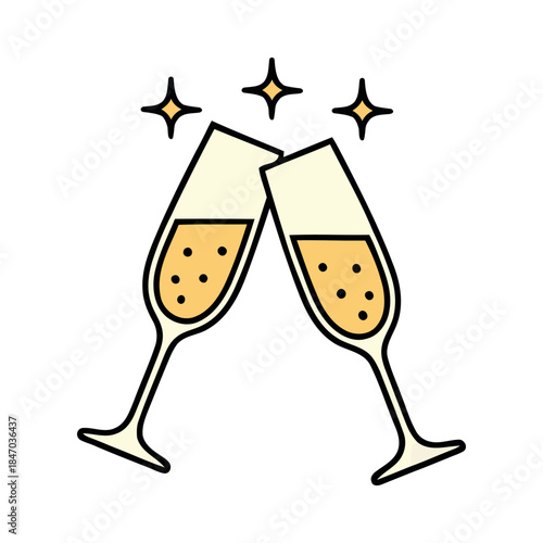 Two champagne flutes clinking with celebratory sparkles, a vibrant icon symbolizing a toast, party, or special occasion. Perfect for festive designs.