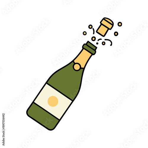 Vibrant illustration of a champagne bottle with its cork popping and bubbles, symbolizing celebration, joy, and festive occasions like New Year's Eve.