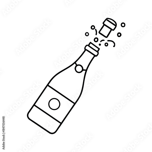 Simple line art illustration of a champagne bottle with a popping cork and effervescent bubbles, symbolizing celebration, joy, and festive occasions.