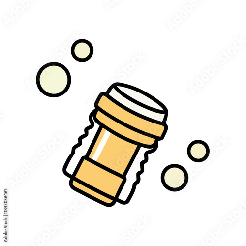 A vibrant, cartoon-style illustration of a champagne cork popping, surrounded by effervescent bubbles. Perfect for celebrating special moments and festive occasions.