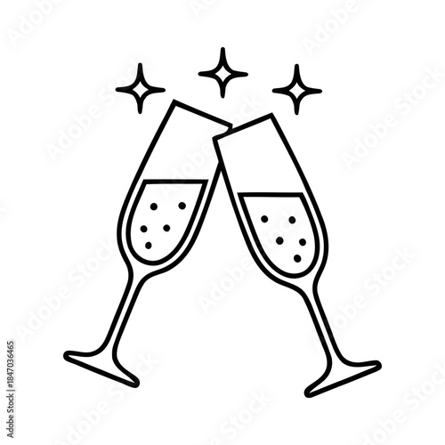 Simple line art icon of two champagne glasses clinking with sparkling effects, symbolizing celebration, cheers, and festive occasions like New Year's Eve or anniversaries.