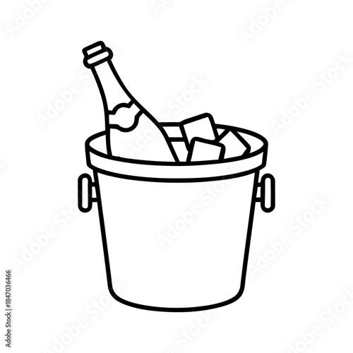 Outline icon of a champagne bottle chilling in an ice bucket with ice cubes. Perfect for celebrations, parties, and luxury drink themes.