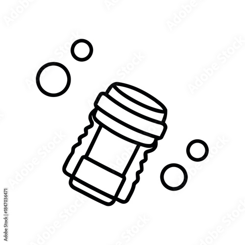 Simple line art icon of a bubble wand or soap bubble bottle surrounded by playful circles, evoking childhood fun and lighthearted moments.
